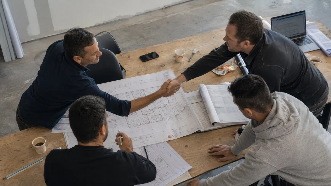 Enduro and the project team reviewing drawings and budget around the table at preconstruction, on a Metro Vancouver commercial project