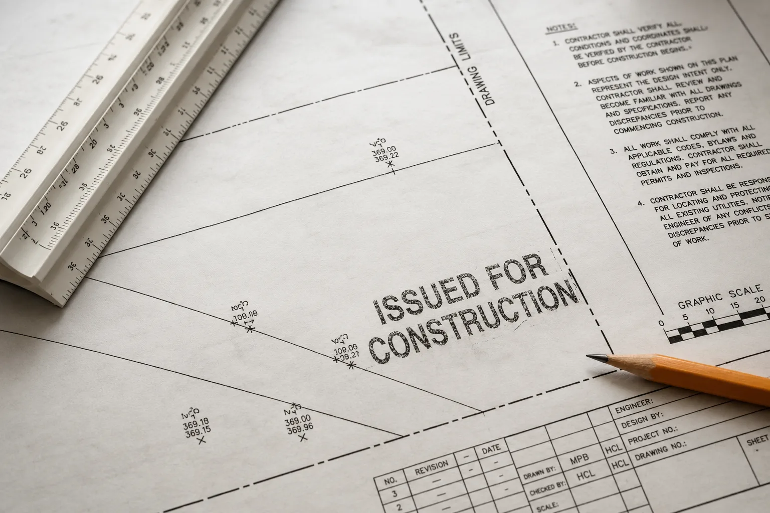 Construction drawings stamped &lsquo;Issued for Construction&rsquo; with a scale rule and pencil — the set Enduro prices, tenders and manages on a Metro Vancouver commercial project
