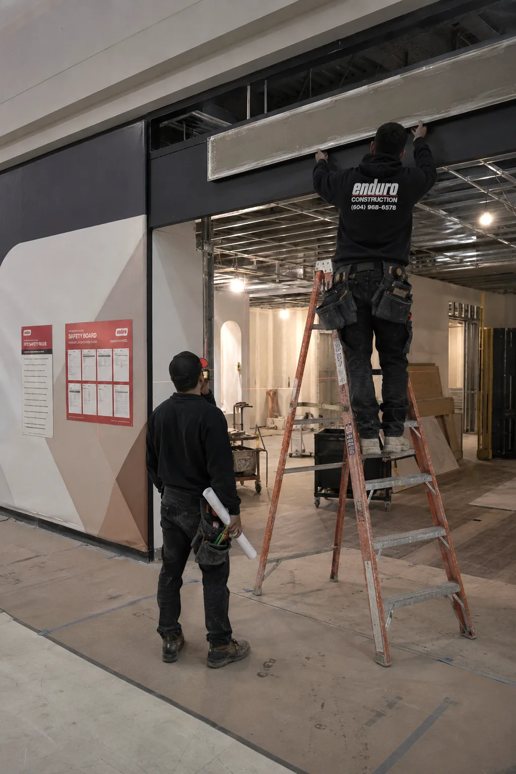 Enduro crew installing a storefront bulkhead behind site hoarding on a commercial general contractor fit-out in Metro Vancouver