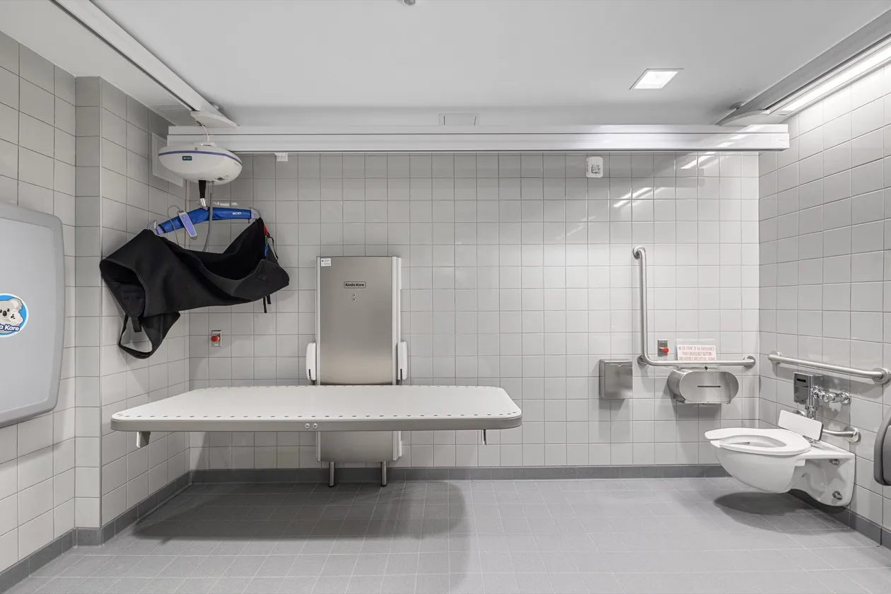 Accessible washroom with change table, grab bars and fixtures
