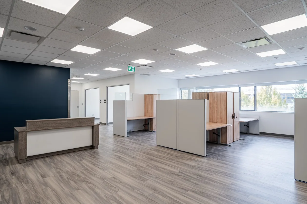 Open office with workstation pods, reception counter and daylight from the window wall