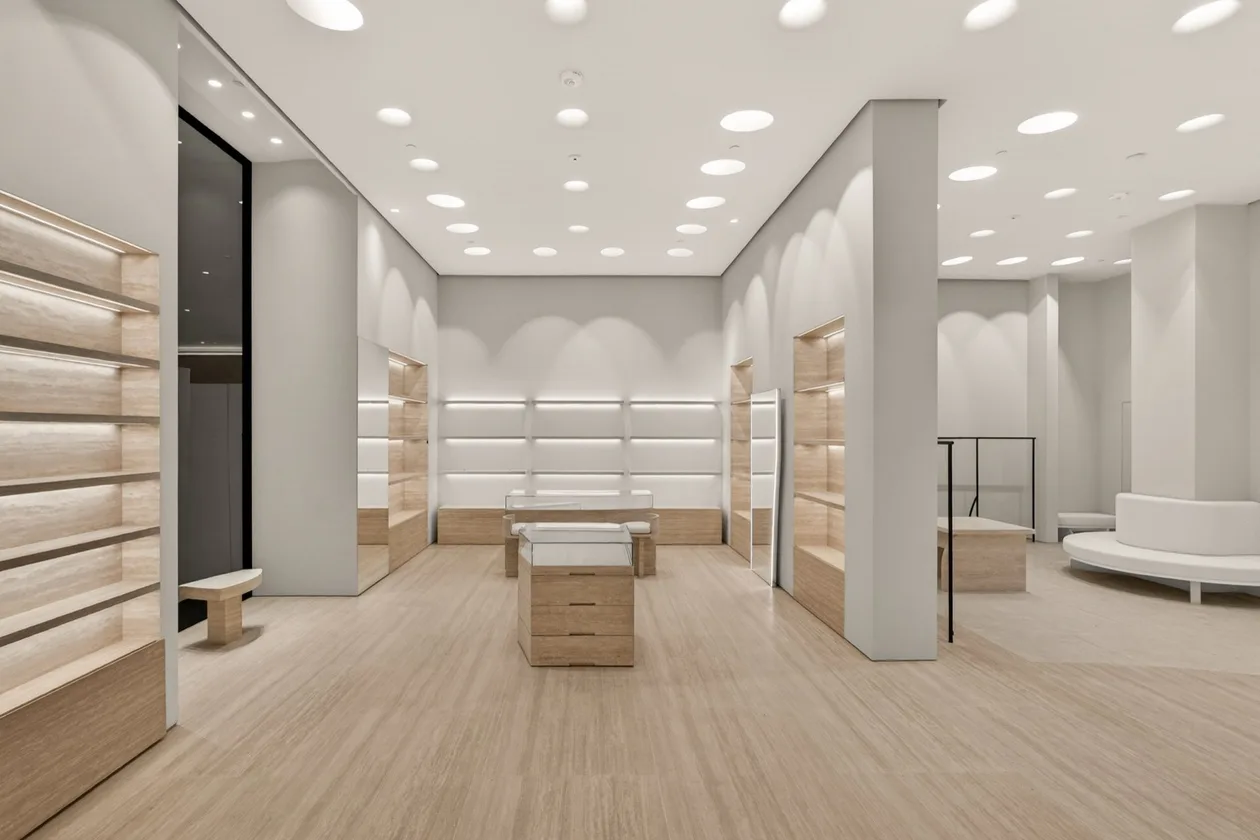 Luxury retail display hall — backlit travertine wall shelving, central glass display cases and scalloped cove-lit white plaster ceilings