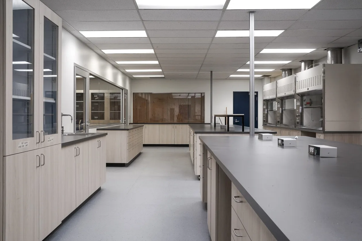 Laboratory casework run with tall storage and a continuous bench