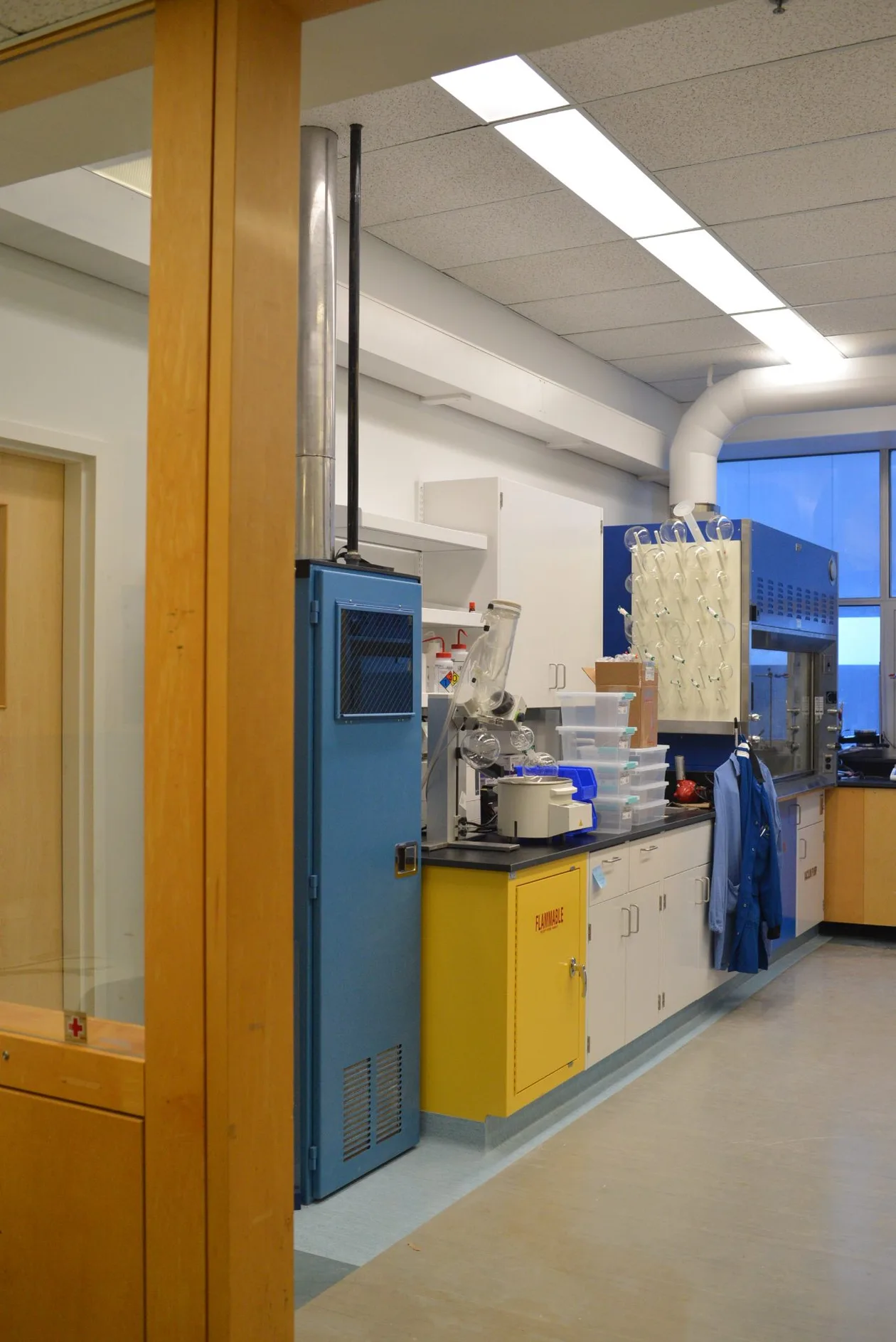 Laboratory looking toward analytical equipment and perimeter casework