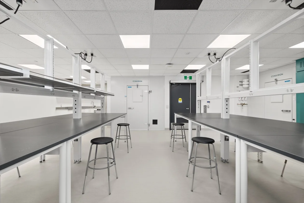 Laboratory bench run with black epoxy tops, stools and overhead service shelving