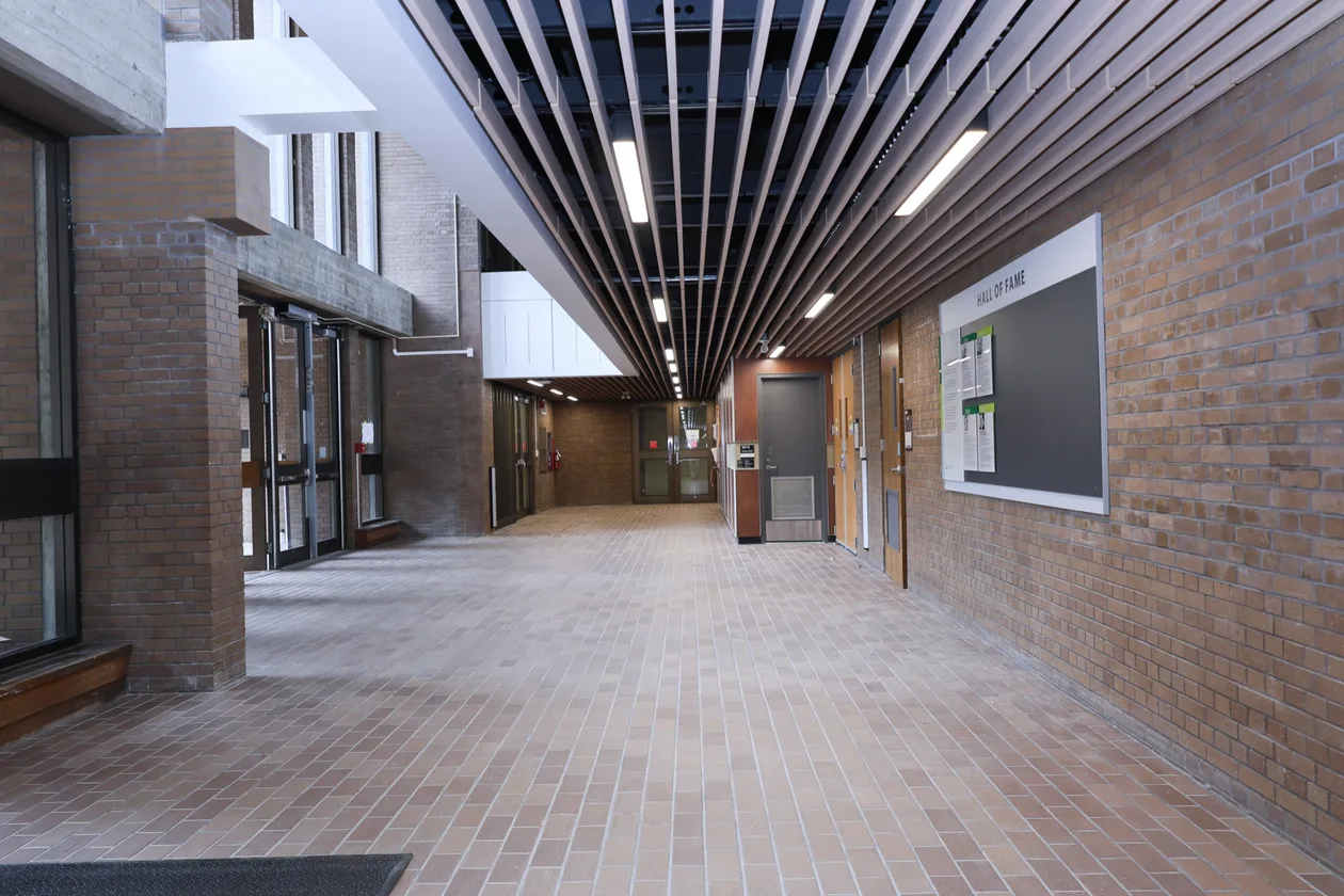 Ground-floor concourse below the upgraded mezzanine, with new timber slat ceiling and lighting.