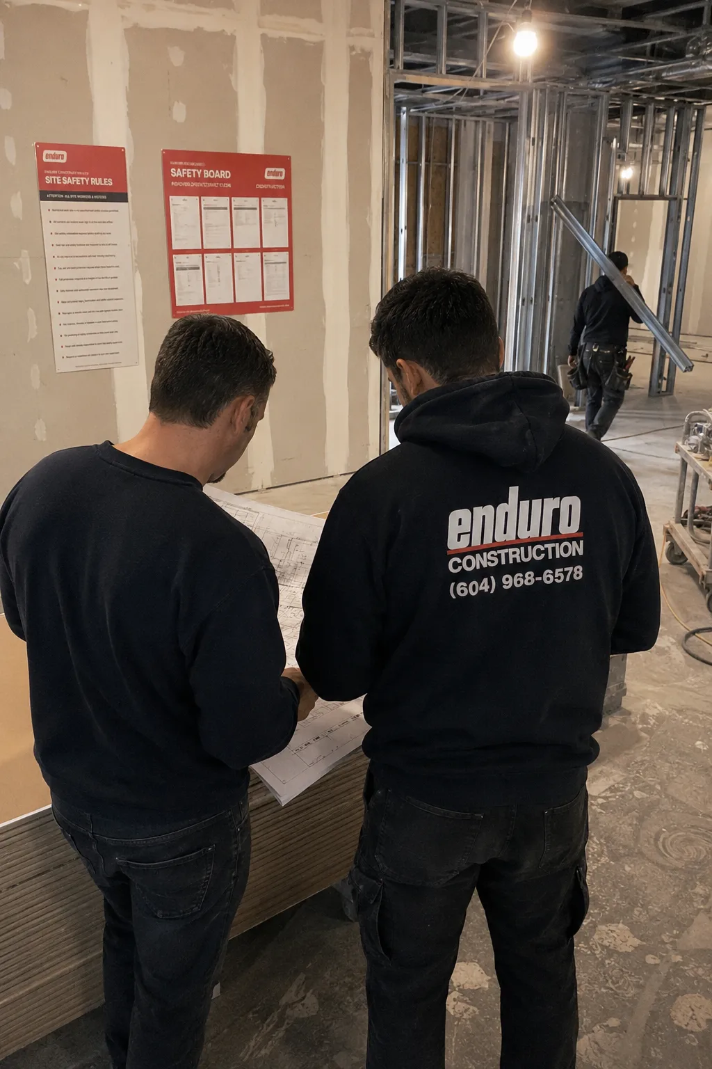 Two Enduro team members reviewing construction drawings on an active Metro Vancouver site, safety board and site rules posted behind them