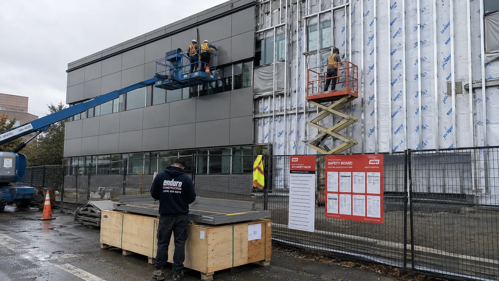 Exterior cladding installed from boom and scissor lifts on a commercial building managed by Enduro Construction.