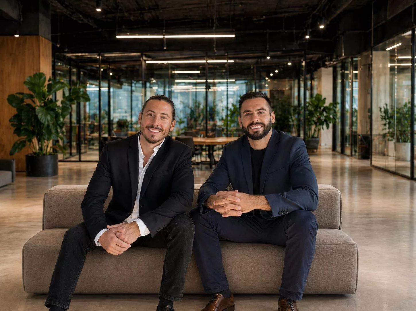 Enduro Construction co-founders Joel Dumont and Fred Roberge seated together in a modern office lobby in Vancouver.